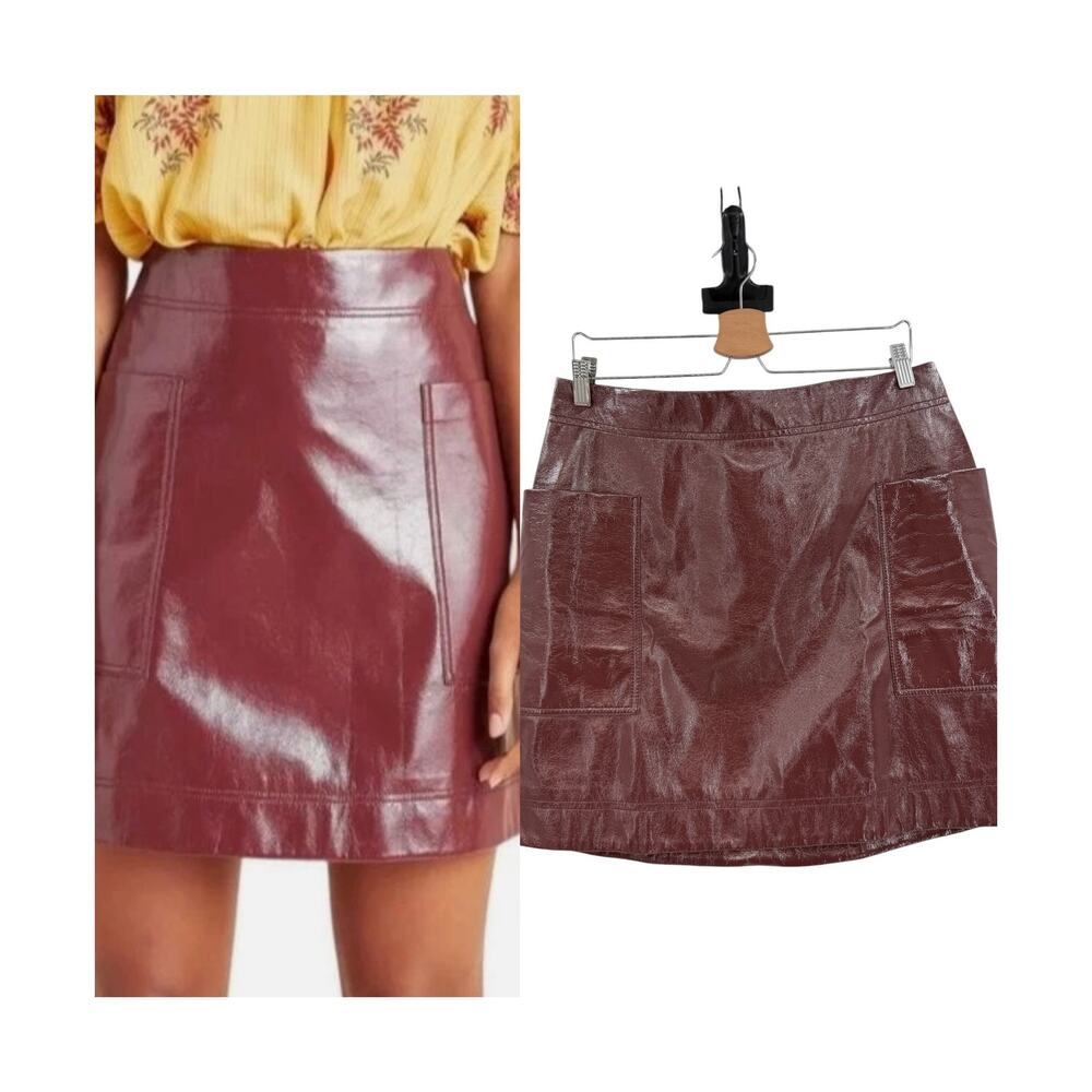 Anthropologie Maeve Burgundy Faux Leather Mini Skirt Utility Pocket US 14